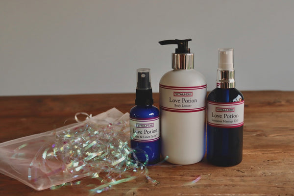 Love Potion Gift Set, includes Pillow Spray, Body Lotion and Sensuous Massage Oil+ - Hand Made with 100% Organic  Sunflower Seed, Jojoba Seed, Hemp Seed, Rose Geranium and Ylang Ylang Oils (SAVE £16)
