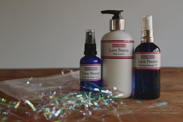 Love Potion Gift Set, includes Pillow Spray, Body Lotion and Sensuous Massage Oil+ - Hand Made with 100% Organic  Sunflower Seed, Jojoba Seed, Hemp Seed, Rose Geranium and Ylang Ylang Oils (SAVE £16)