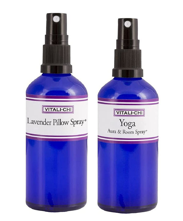 Vitali-Chi Lavendel Kissen und Yoga Aura, Bettwäsche &amp; Raumspray Bundle – mit Kamille, Lavendel und reinen ätherischen Ölen von Elimi – 50 ml 