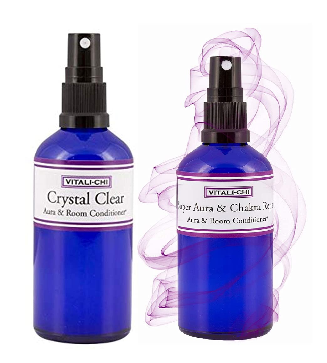 Vitali-Chi Crystal Clear and Super Chakra Repair Aura & Room Spray Bundle - with TeaTree Lemon, Bergamot, Bitter Orange & Patchouli Pure Essential Oi