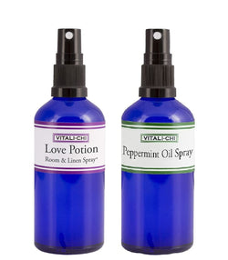 Vitali-Chi Love Potion and Peppermint Aura, Linen & Room Spray Bundle - with Rose Geranium and Ylang Ylang, Spearmint & Peppermint Pure Essential Oil
